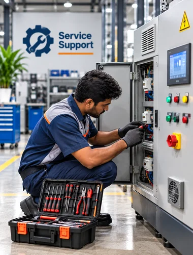 Image of a technician performing an Annual Maintenance Contract service on an MMF Induction temperature control unit 